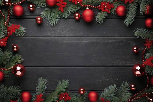 AI generated Fir tree branches with red christmas balls frame photo