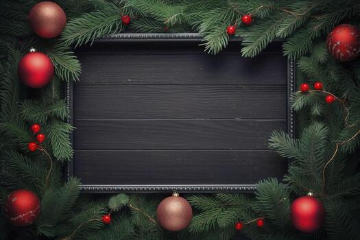 AI generated Fir tree branches with red christmas balls frame photo