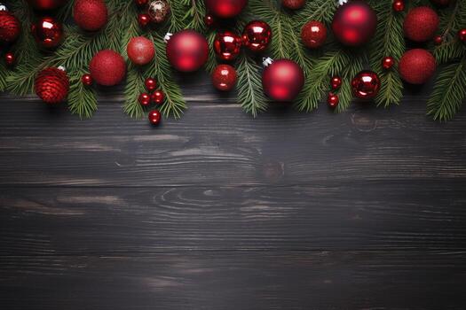 AI generated Fir tree branches with red christmas balls frame photo