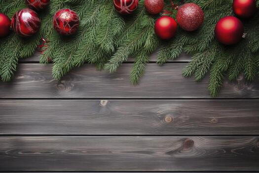 AI generated Fir tree branches with red christmas balls frame photo