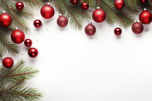 AI generated Fir tree branches with red christmas balls frame photo