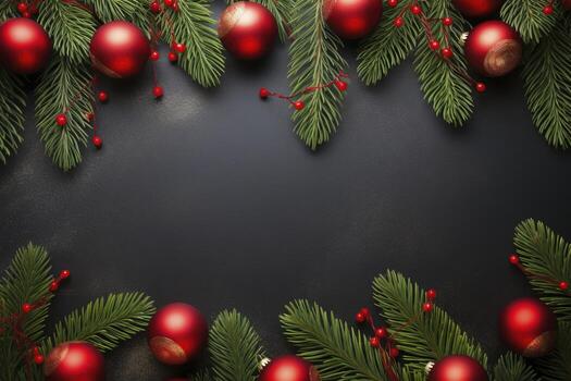 AI generated Fir tree branches with red christmas balls frame photo