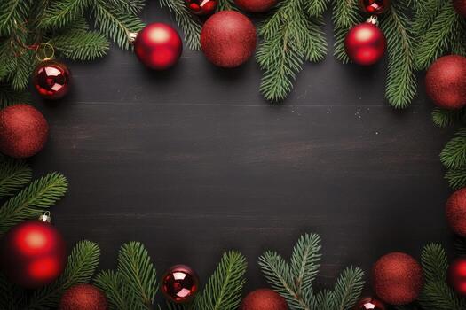 AI generated Fir tree branches with red christmas balls frame photo