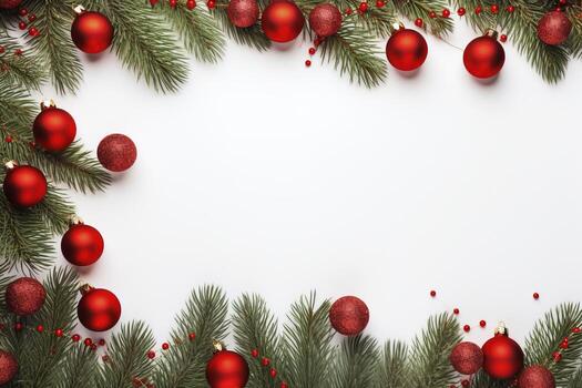 AI generated Fir tree branches with red christmas balls frame photo