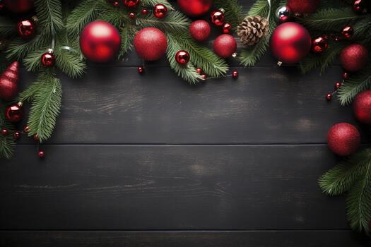 AI generated Fir tree branches with red christmas balls frame photo