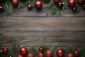 AI generated Fir tree branches with red christmas balls frame photo