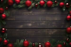ai generado abeto árbol ramas con rojo Navidad pelotas marco foto