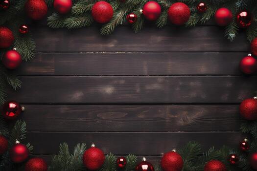 AI generated Fir tree branches with red christmas balls frame photo