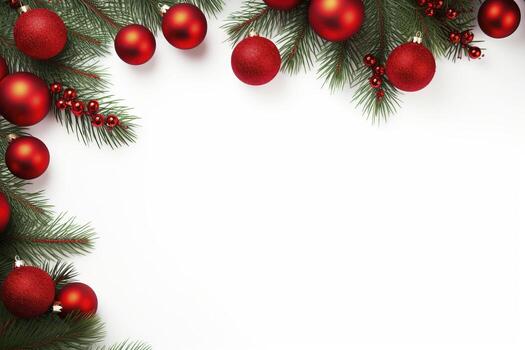 AI generated Fir tree branches with red christmas balls frame photo