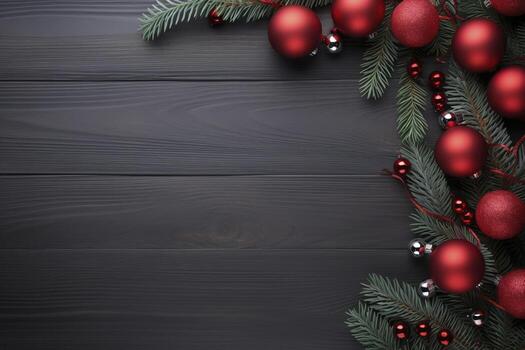 AI generated Fir tree branches with red christmas balls frame photo