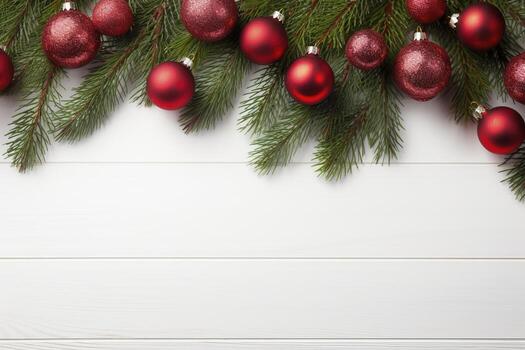 AI generated Fir tree branches with red christmas balls frame photo