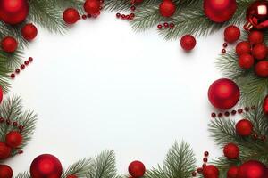 AI generated Fir tree branches with red christmas balls frame photo