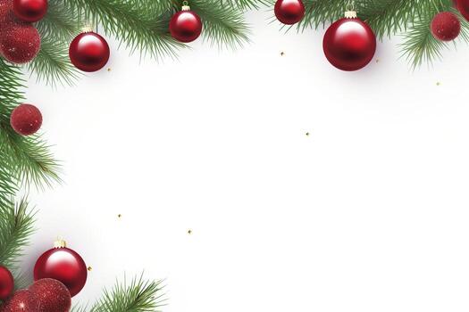 AI generated Fir tree branches with red christmas balls frame photo