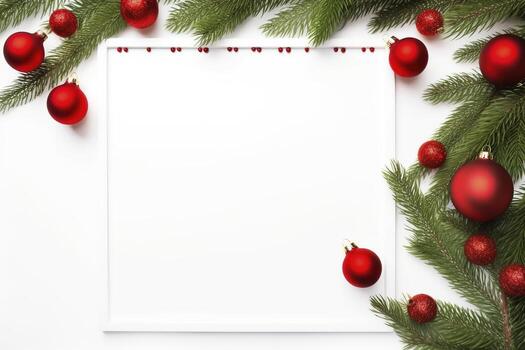 AI generated Fir tree branches with red christmas balls frame photo