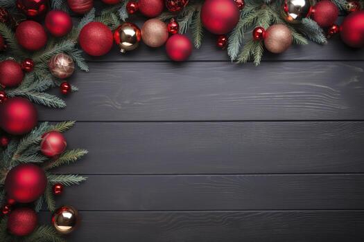 AI generated Fir tree branches with red christmas balls frame photo