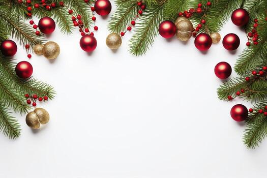 AI generated Fir tree branches with red christmas balls frame photo