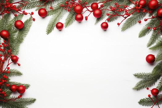 AI generated Fir tree branches with red christmas balls frame photo