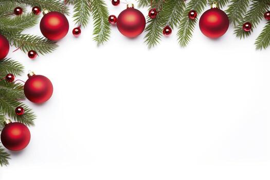 AI generated Fir tree branches with red christmas balls frame photo