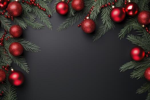 AI generated Fir tree branches with red christmas balls frame photo