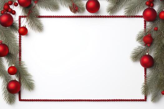 AI generated Fir tree branches with red christmas balls frame photo