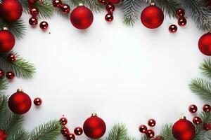 AI generated Fir tree branches with red christmas balls frame photo