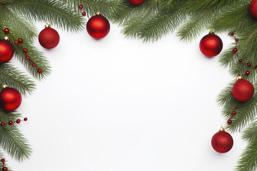 AI generated Fir tree branches with red christmas balls frame photo
