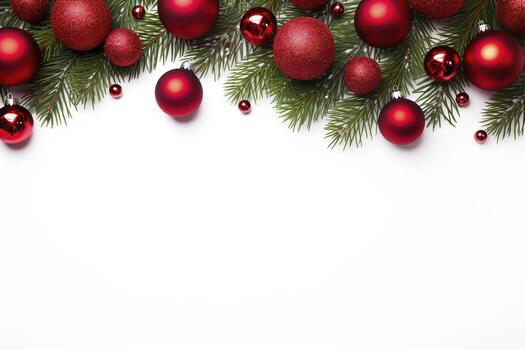 AI generated Fir tree branches with red christmas balls frame photo