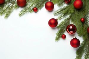 ai generado abeto árbol ramas con rojo Navidad pelotas marco foto