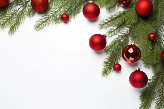 AI generated Fir tree branches with red christmas balls frame photo