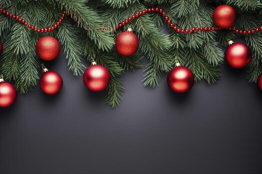 AI generated Fir tree branches with red christmas balls frame photo