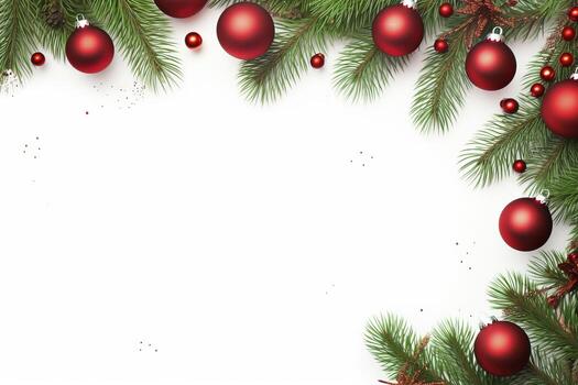 AI generated Fir tree branches with red christmas balls frame photo