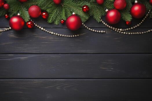 AI generated Fir tree branches with red christmas balls frame photo