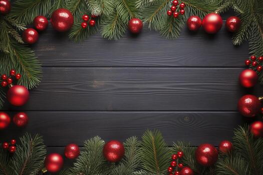 AI generated Fir tree branches with red christmas balls frame photo