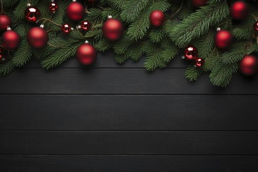 AI generated Fir tree branches with red christmas balls frame photo