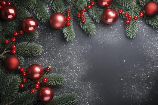 AI generated Fir tree branches with red christmas balls frame photo