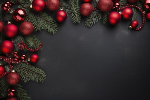 AI generated Fir tree branches with red christmas balls frame photo