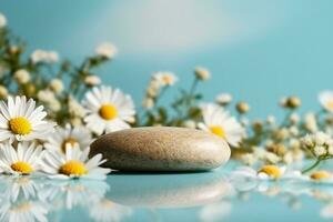 AI generated Pebble stone cosmetic podium with chamomile flowers on bright turquoise background. Cosmetic display product stand. generative ai. photo