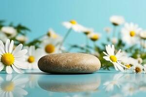 AI generated Pebble stone cosmetic podium with chamomile flowers on bright turquoise background. Cosmetic display product stand. generative ai. photo