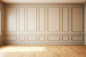 AI generated Beige elegant sunny emty room with moulding and oak parquet. generative ai. photo