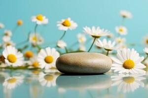 AI generated Pebble stone cosmetic podium with chamomile flowers on bright turquoise background. Cosmetic display product stand. generative ai. photo