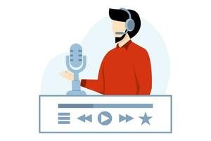 Online Podcasting Concept, Characters Listening to Podcasts on Mobile Application. Online Radio Show. Audio podcasts. blogging, podcasting, podcast app. Vector illustration for Web Design.