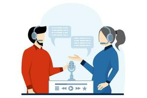 Online Podcasting Concept, Characters Listening to Podcasts on Mobile Application. Online Radio Show. Audio podcasts. blogging, podcasting, podcast app. Vector illustration for Web Design.