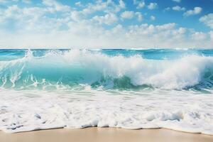 ai generado parte superior ver aéreo imagen desde zumbido de un maravilloso hermosa mar paisaje playa con turquesa agua con Copiar espacio foto