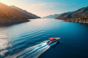 AI generated Aerial view of the speed boat in clear blue water at sunset in summer. Top view from drone of fast floating yacht in mediterranean sea photo