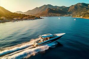 AI generated Aerial view of the speed boat in clear blue water at sunset in summer. Top view from drone of fast floating yacht in mediterranean sea photo