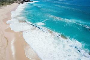 AI generated Top view aerial image from drone of an stunning beautiful sea landscape beach with turquoise water with copy space photo