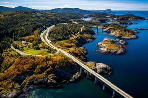 AI generated Aerial view bridge road above sea connecting islands top down scenery transportation infrastructure famous landmarks photo
