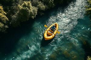 AI generated aerial view of mountain river people rafting in creek. extreme vitality photo