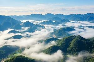 AI generated Aerial view of dark green forest with misty clouds. The rich natural ecosystem of rainforest concept of natural forest conservation and reforestation. photo