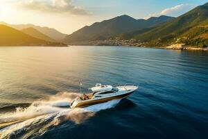 AI generated Aerial view of the speed boat in clear blue water at sunset in summer. Top view from drone of fast floating yacht in mediterranean sea photo